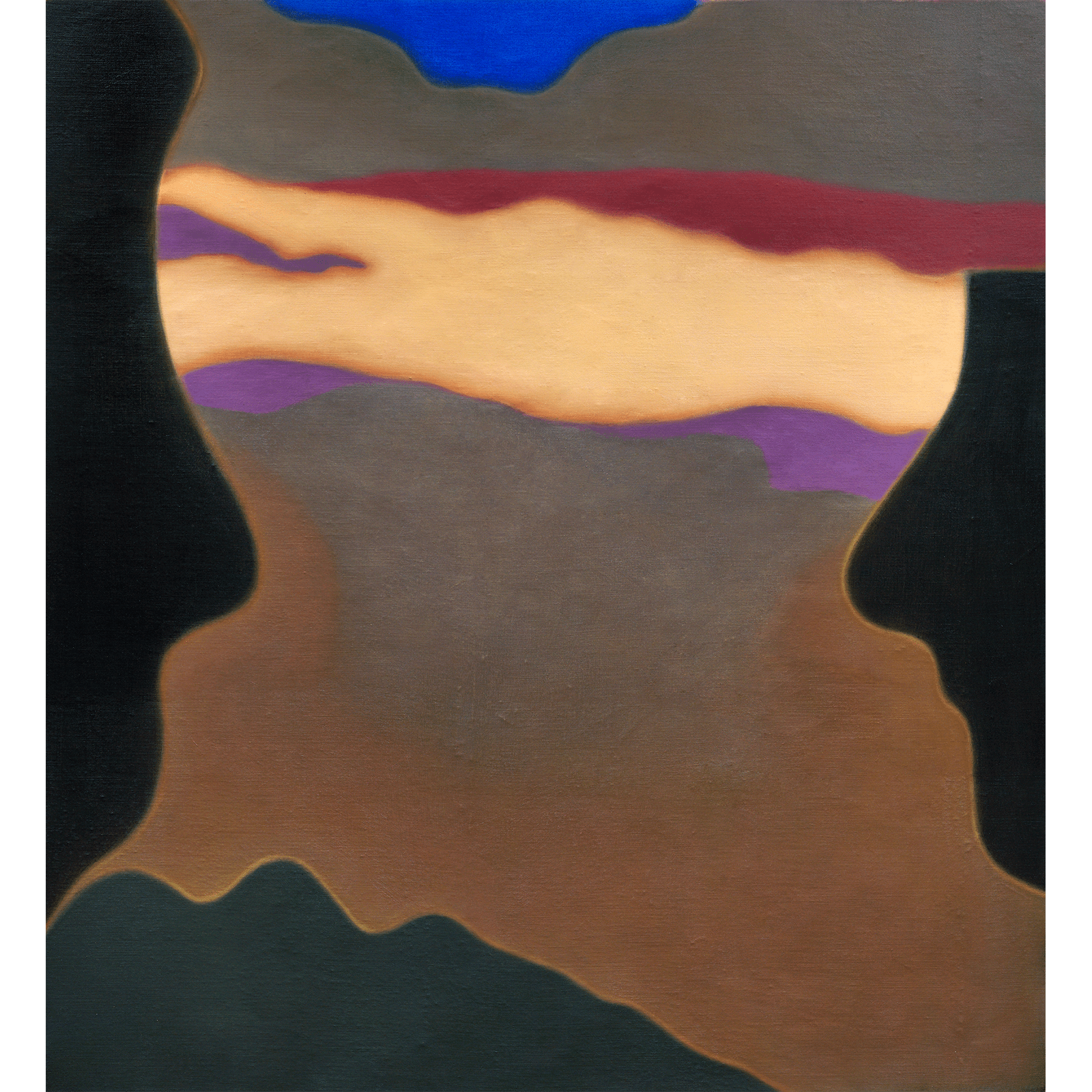 Abstract oil painting "The Birth of the World Between Our Lines" by Weseeclearly (Winston Chmielinski), 120 x 110 cm on linen, two profile silhouettes divided by landscape shapes in blue, brown, orange, and purple tones.