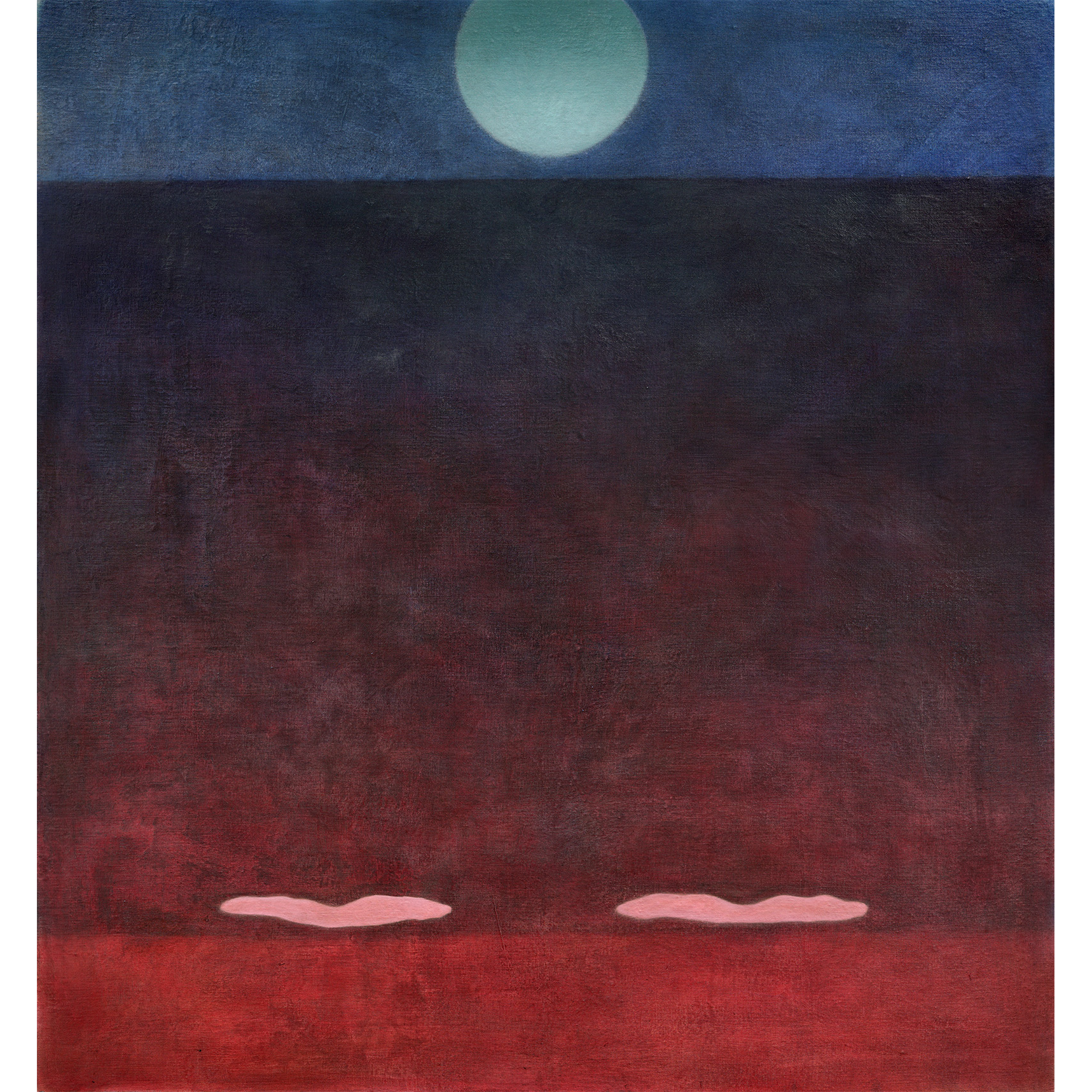 "Beheld at the Last Stopfinder" by Weseeclearly (Winston Chmielinski), oil on linen, 150 x 140 cm, abstract landscape with blue moon, dark horizon, and red foreground, 2024.