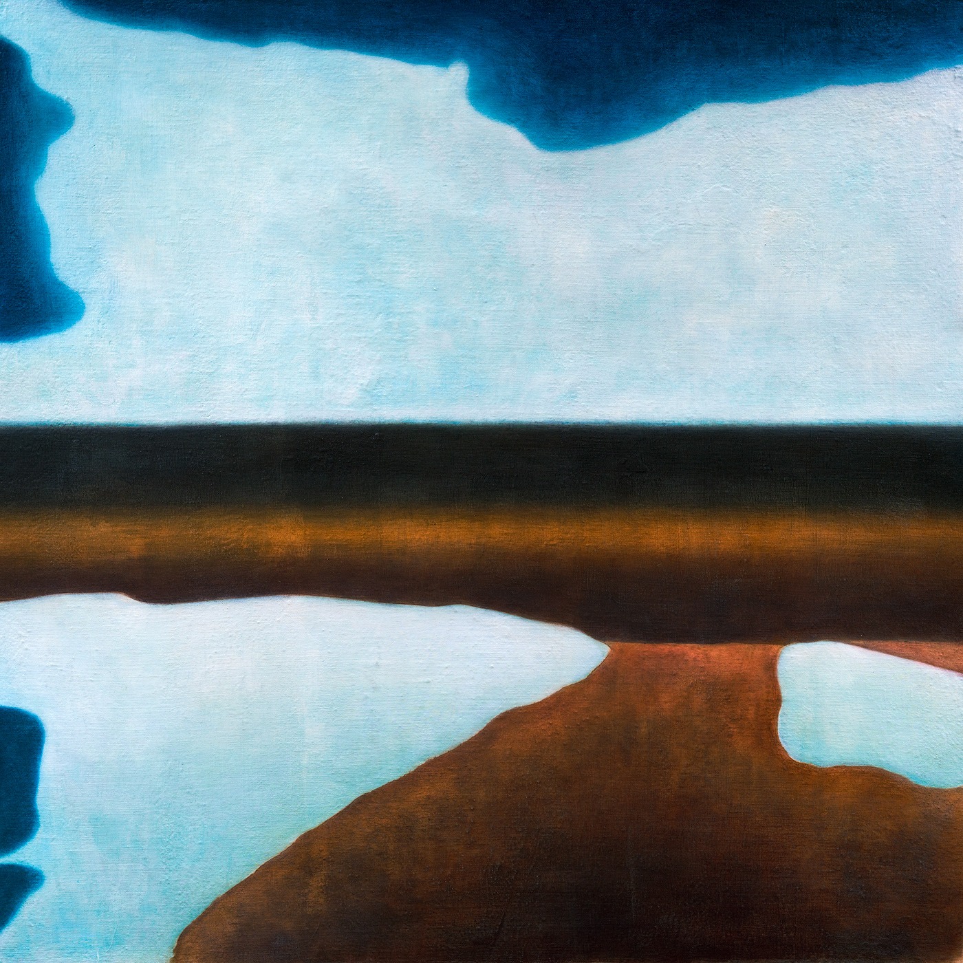 "Seize of Blue" by Weseeclearly (Winston Chmielinski), oil on linen, 125 x 130 cm, abstract landscape with blue sky, dark horizon, and brown land reflecting water, 2025