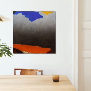 Canvas edition of 'The Bond Between Thunder and Dawn' by Weseeclearly (Winston Chmielinski), featuring layered fields of color and tonal gradients, shown in a minimal dining room interior.