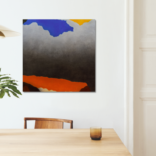 Canvas edition of 'The Bond Between Thunder and Dawn' by Weseeclearly (Winston Chmielinski), featuring layered fields of color and tonal gradients, shown in a minimal dining room interior.